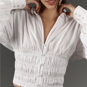 Anthropologie balloon, sleeved collar shirred blouse